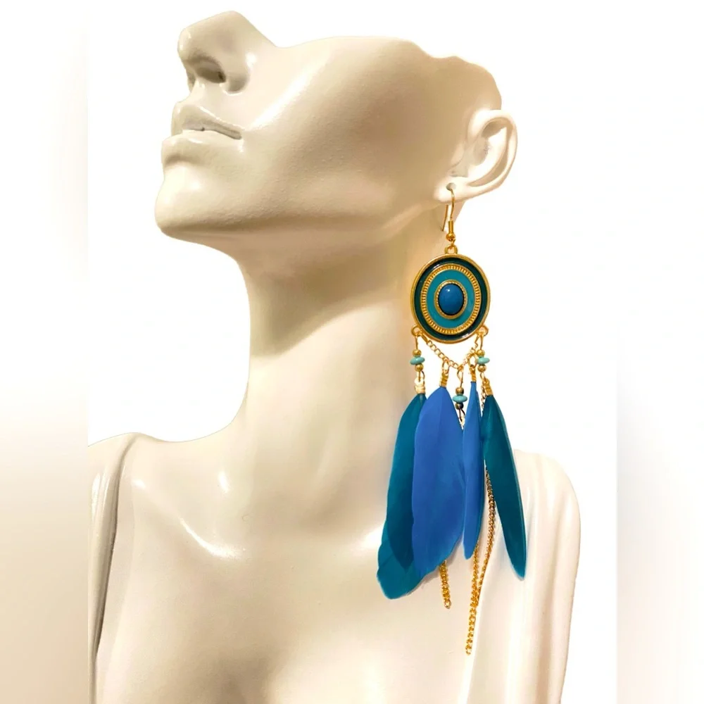 L Boho fearther Dangle Earrings - Picture 1 of 1